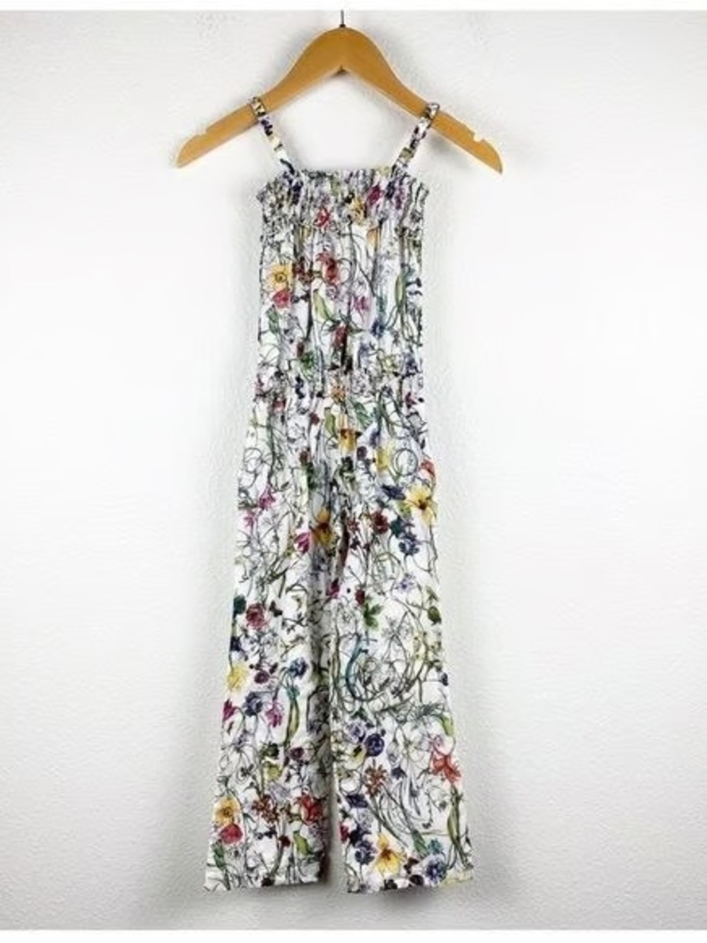 Gucci White Floral Printed Smocked Jumpsuit with Multicolor Blooms